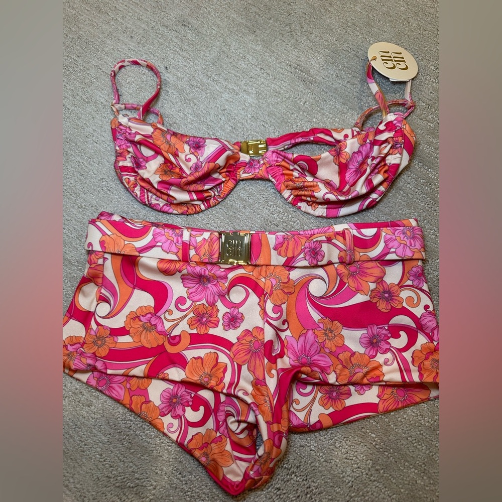 Floral Retro High-Waist Bikini Set in Pink & Orange
